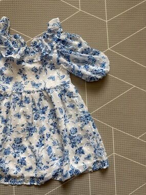 Wonder Nation|Baby girl/toddler white & Blue Floral Puff Sleeve Dress•Chiffon 2T